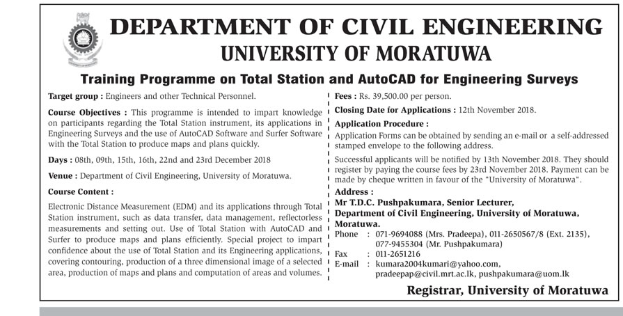 Training Programme on Total Station & AutoCAD for Engineering Surveys - Department of Civil Engineering - University of Moratuwa